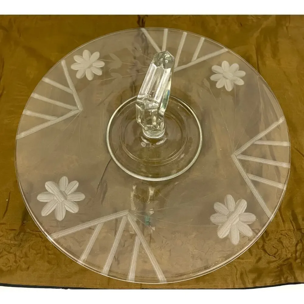 VTG Etched Clear Crystal Center Handle Tray Plate with Etched Flowers‎ 10.5